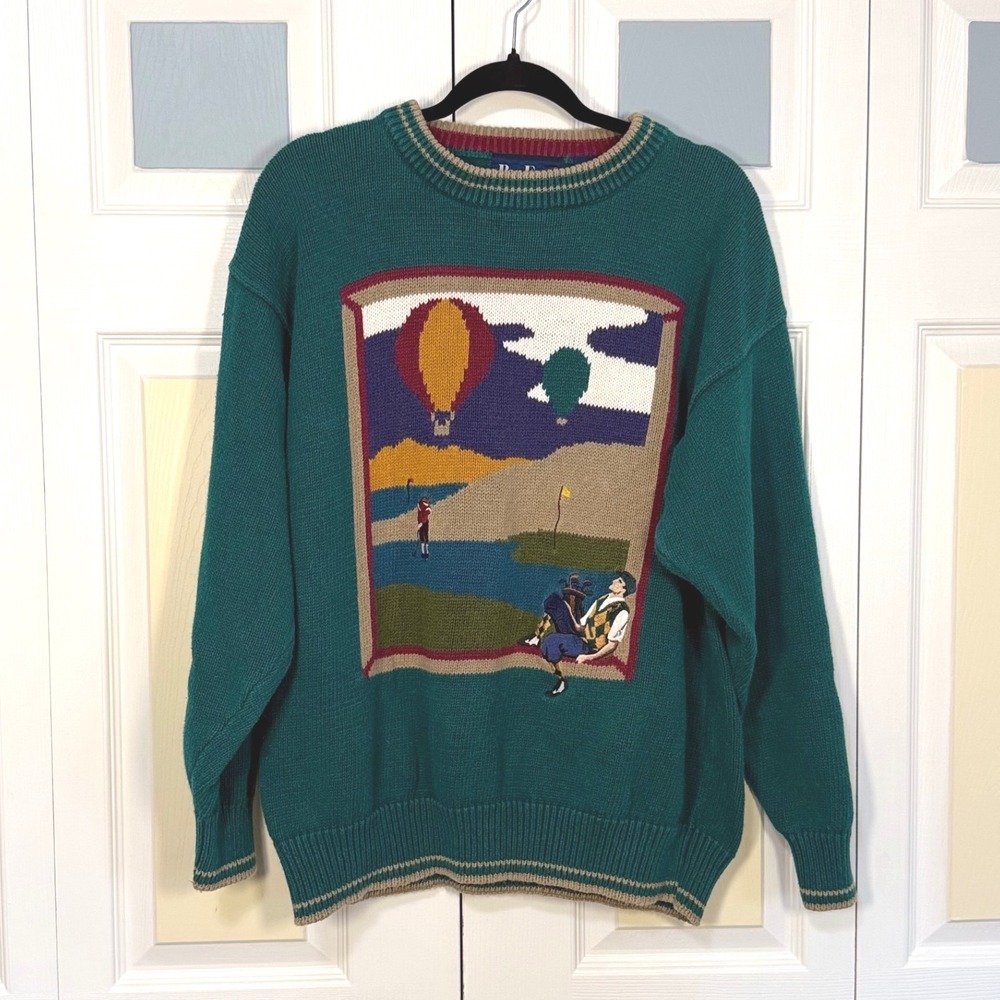 Vintage Par Four Golf Scene Intarsia Knit Sweater Teal Green Mens Large